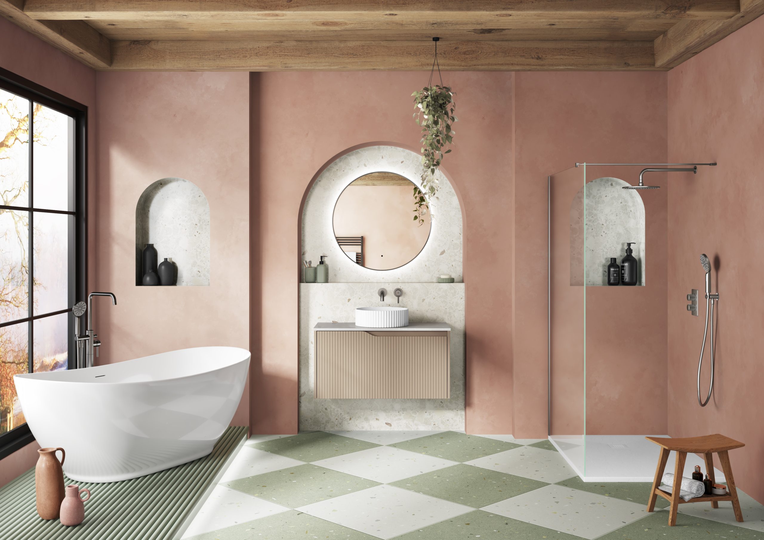 Kevin Richardson Bespoke relaxing bathroom white and green floor tiles, with a stand alone tub, walk in shower and a sink with a mirror