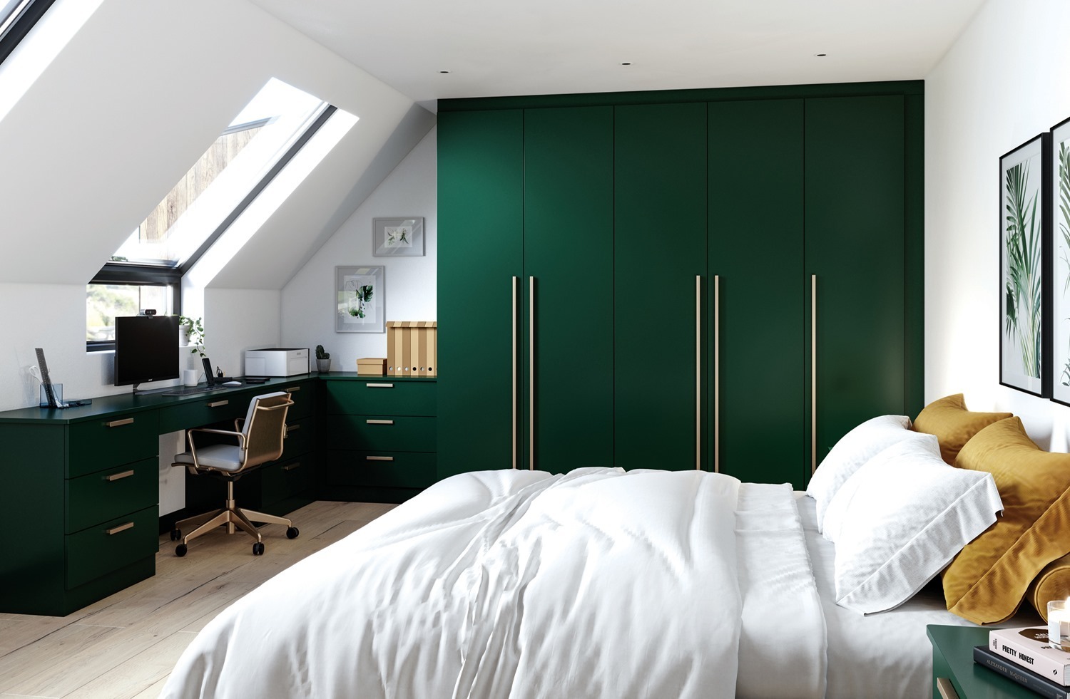 bedroom with green built in storage for small bedrooms and desk