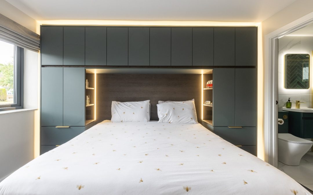 bespoke storage fitted bedroom ideas around a bed and walk in bathroom